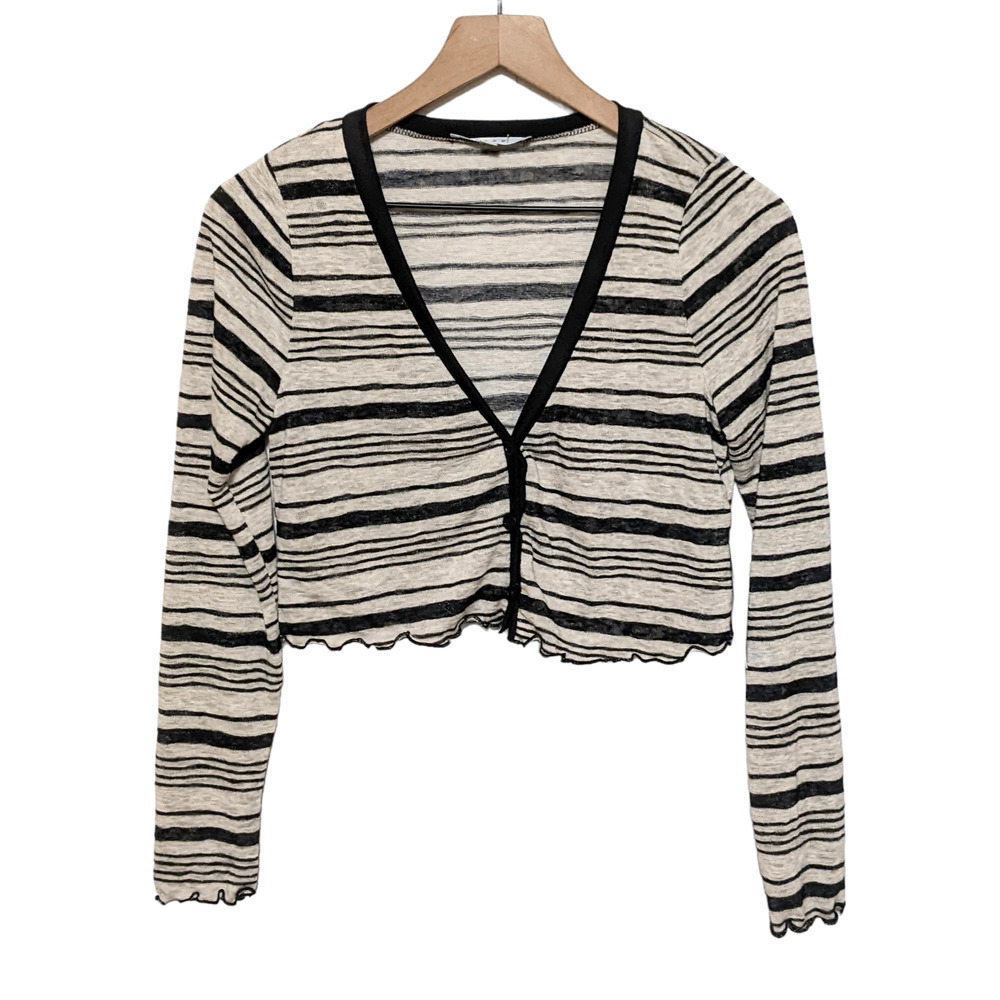 Gaze Womens Striped Cropped Cardigan Sweater Size XS Black Gray Button Front NWT